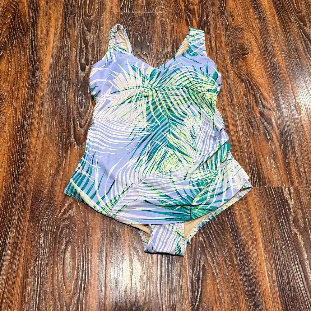 Swimsuits For All‎ Size 8 Tropical Palm Leaf  One Piece Swimsuit Purple Green M